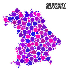 Mosaic Bavaria Land map isolated on a white background. Vector geographic abstraction in pink and violet colors. Mosaic of Bavaria Land map combined of scattered round elements.