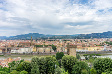 Panaromic view of Florence with Basilica Santa Croce and City gate of San Niccolo viewed from Piazzale Michelangelo (Michelangelo Square)