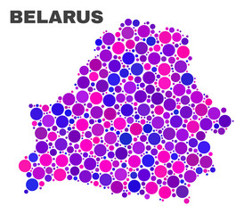 Mosaic Belarus map isolated on a white background. Vector geographic abstraction in pink and violet colors. Mosaic of Belarus map combined of scattered spheric elements.