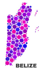 Mosaic Belize map isolated on a white background. Vector geographic abstraction in pink and violet colors. Mosaic of Belize map combined of scattered spheric points.