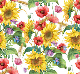 Flowers and ears. Sunflower, cornflower, poppy and barley seamless background pattern. Version 1