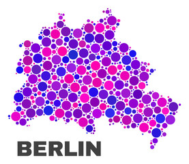 Mosaic Berlin City map isolated on a white background. Vector geographic abstraction in pink and violet colors. Mosaic of Berlin City map combined of random spheric items.