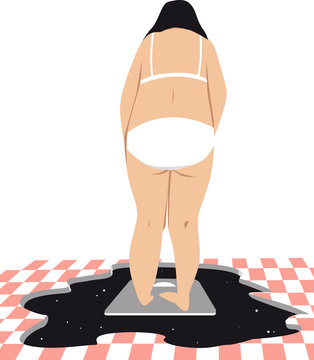 Depressed woman weighs herself on a bathroom scale, standing over an abyss, EPS 8 vector illustration	