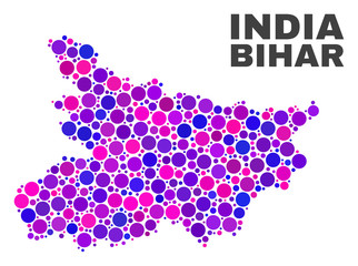 Mosaic Bihar State map isolated on a white background. Vector geographic abstraction in pink and violet colors. Mosaic of Bihar State map combined of random round points.