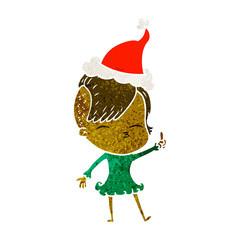 retro cartoon of a squinting girl wearing santa hat