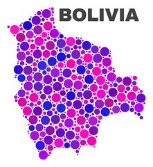 Mosaic Bolivia map isolated on a white background. Vector geographic abstraction in pink and violet colors. Mosaic of Bolivia map combined of scattered spheric points.