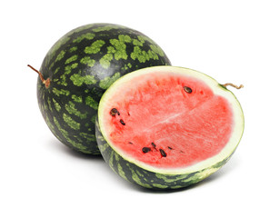 One whole and a half ripe watermelon (isolated)