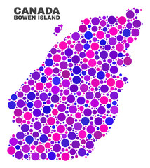 Mosaic Bowen Island map isolated on a white background. Vector geographic abstraction in pink and violet colors. Mosaic of Bowen Island map combined of scattered round points.