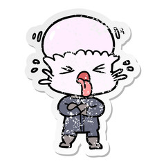 distressed sticker of a weird cartoon alien