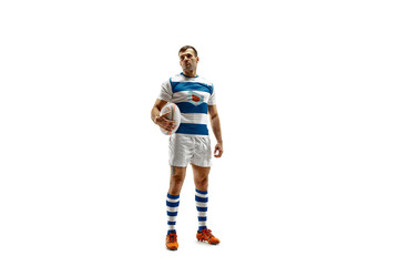 The silhouette of one caucasian rugby man player isolated on white background. Studio shot of fit man in motion or movement with ball. Jump and action concept. an incredible strain of all forces