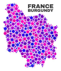 Mosaic Burgundy Province map isolated on a white background. Vector geographic abstraction in pink and violet colors. Mosaic of Burgundy Province map combined of scattered circle points.