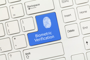 White conceptual keyboard - Biometric Verification (blue key with fingerprint symbol)