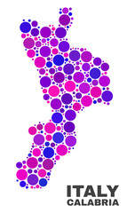 Mosaic Calabria region map isolated on a white background. Vector geographic abstraction in pink and violet colors. Mosaic of Calabria region map combined of scattered circle elements.