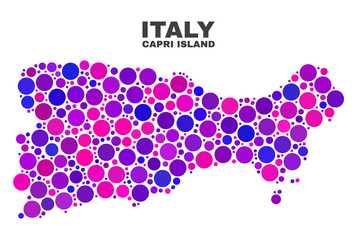 Mosaic Capri Island map isolated on a white background. Vector geographic abstraction in pink and violet colors. Mosaic of Capri Island map combined of scattered circle items.