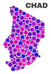 Mosaic Chad map isolated on a white background. Vector geographic abstraction in pink and violet colors. Mosaic of Chad map combined of scattered spheric dots.