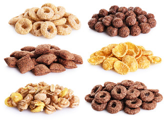 Corn pads, rings, balls, cornflakes and granola isolated on white background. Cereals breakfast collection.
