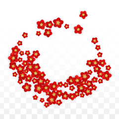 Vector Realistic Red Flowers Falling on Transparent Background.  Spring Romantic Flowers Illustration. Flying Asian Rose Spa Design. Blossom Confetti. Design Elements for Wedding Decoration.