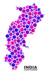 Mosaic Chhattisgarh State map isolated on a white background. Vector geographic abstraction in pink and violet colors. Mosaic of Chhattisgarh State map combined of random circle elements.