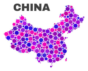 Mosaic China map isolated on a white background. Vector geographic abstraction in pink and violet colors. Mosaic of China map combined of random circle dots.