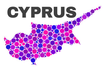 Mosaic Cyprus map isolated on a white background. Vector geographic abstraction in pink and violet colors. Mosaic of Cyprus map combined of random circle items.