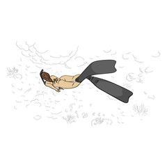 woman in bikini with scuba diving into underwater in the sea vector illustration with black lines isolated on white background.