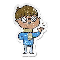 distressed sticker of a cartoon boy wearing spectacles