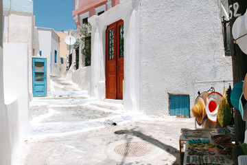 Pyrgos town old street in Santorini island, Greece