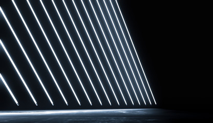 Neon Glowing Blue Lights Futuristic Background. Vibrant Colors shining Line In Empty Dark Room With Concrete Floor and Reflections. Abstract Future Sci Fi Concept. 3D Rendering Illustration