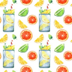 Summer seamless pattern with lemonade, lemon, orange, mint on a white background in watercolor