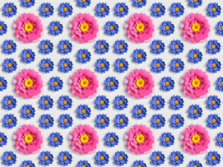different pink and blue paper flowers on grey, seamless background pattern