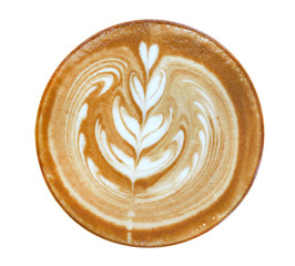 Hot coffee cappuccino latte art heart flower shape top view isolated on white background, clipping path included