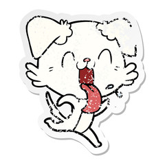 distressed sticker of a cartoon panting dog running