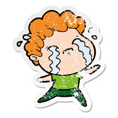 distressed sticker of a cartoon man crying