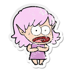 distressed sticker of a cartoon shocked elf girl