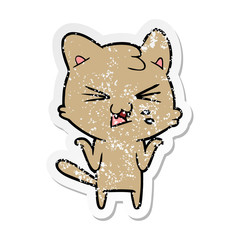 distressed sticker of a cartoon hissing cat