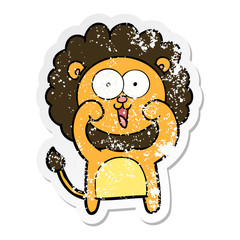 distressed sticker of a happy cartoon lion