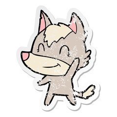 distressed sticker of a friendly cartoon wolf