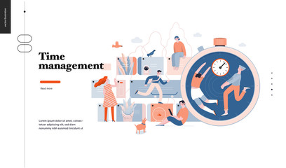 Technology 3 -Time management - modern flat vector concept digital illustration of time management metaphor, a stopwatch, timeline and people in workflow. Creative landing web page design template