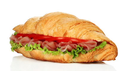 Big croissant with green salad and pork meat