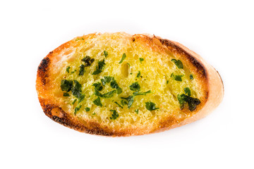 Garlic bread slice isolated on white background. Top view
