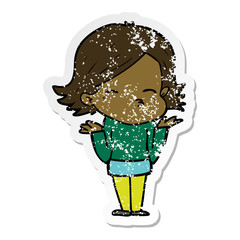 distressed sticker of a cartoon confused woman
