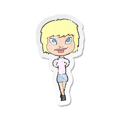 retro distressed sticker of a cartoon happy woman