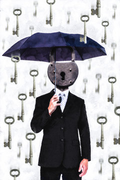 Man With Padlock Head Holding An Umbrella, Concept Of Fear Or Self Sabotage. Surreal Illustration About Fear.