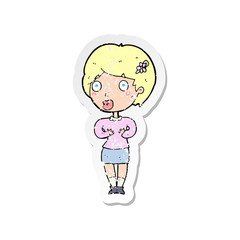 retro distressed sticker of a cartoon surprised woman