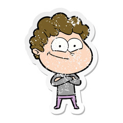 distressed sticker of a cartoon happy man