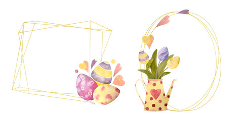 Watercolor drawn set with elements of happy easter. Frame, rabbit, eggs, isolated on white. for greeting card or logo