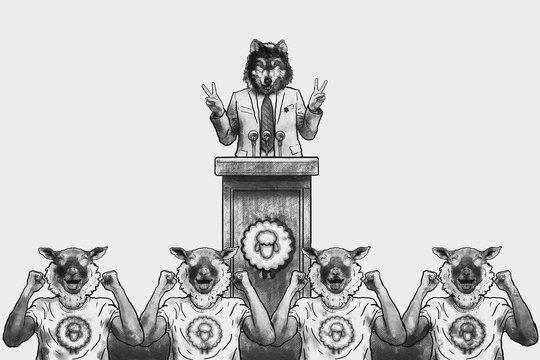 candidate with a wolf's head being cheered by voters with a sheep's head. Concept of political or domination, political dictatorship.
