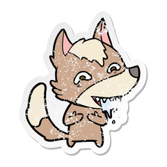 distressed sticker of a cartoon hungry wolf