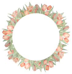 Watercolor frame with tulips. Drawn by hand. Ideal for logo, wedding invitations, cards, posters