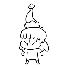 line drawing of a whistling girl wearing santa hat